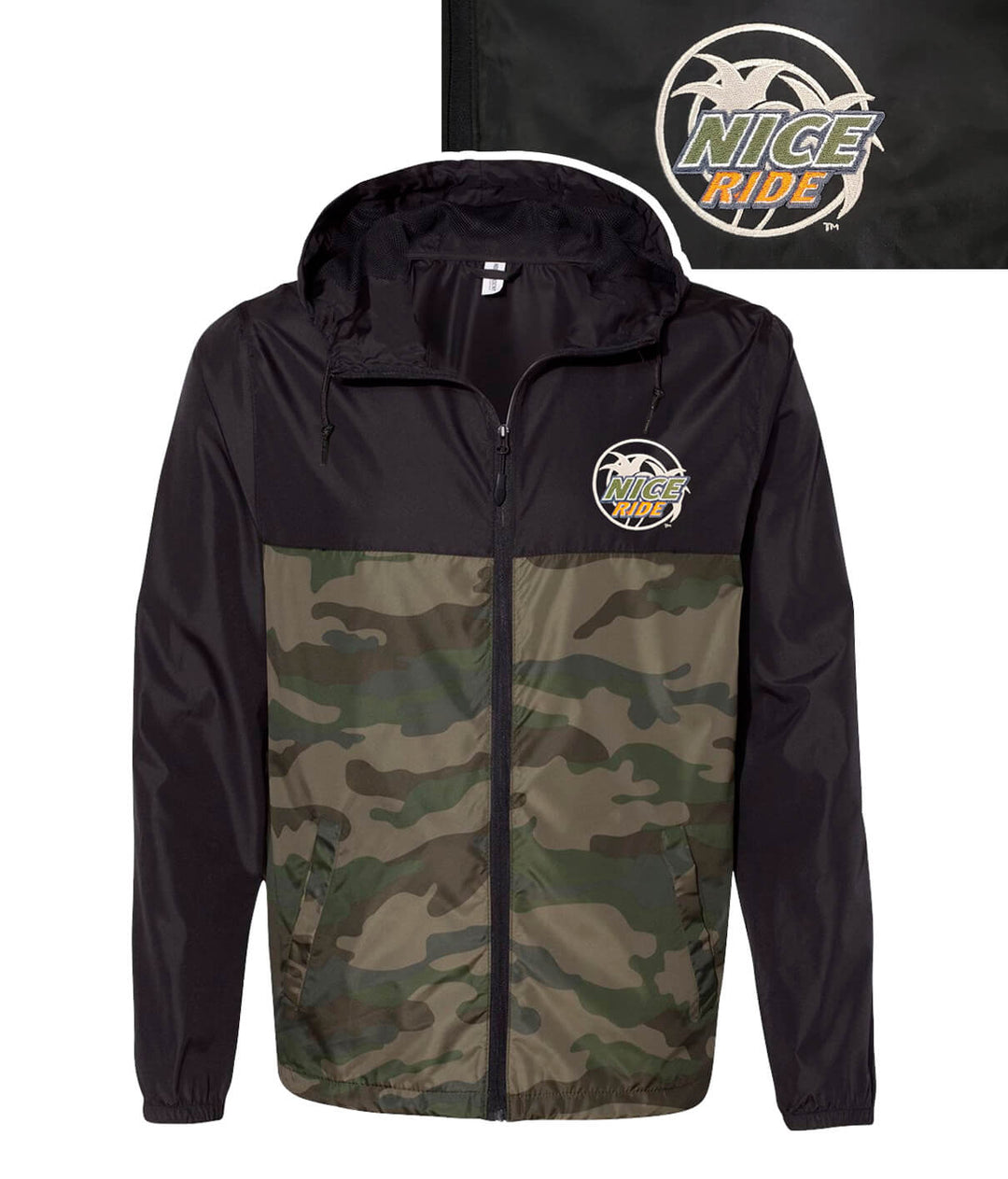 Choo Choo lightweight windbreaker jacket showcasing NICE RIDE logo and camouflage design, perfect for outdoor activities.