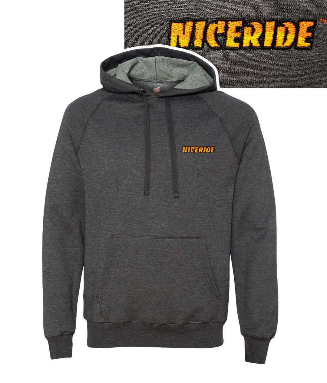 Morning Chill gray pullover sweatshirt for men and women with NICERIDE embroidery on chest and hood.