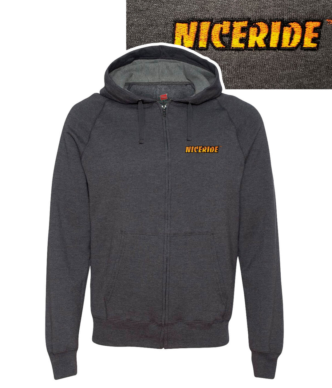 Hanes Gray unisex adult zip up hoodie featuring NICERIDE embroidered logo.