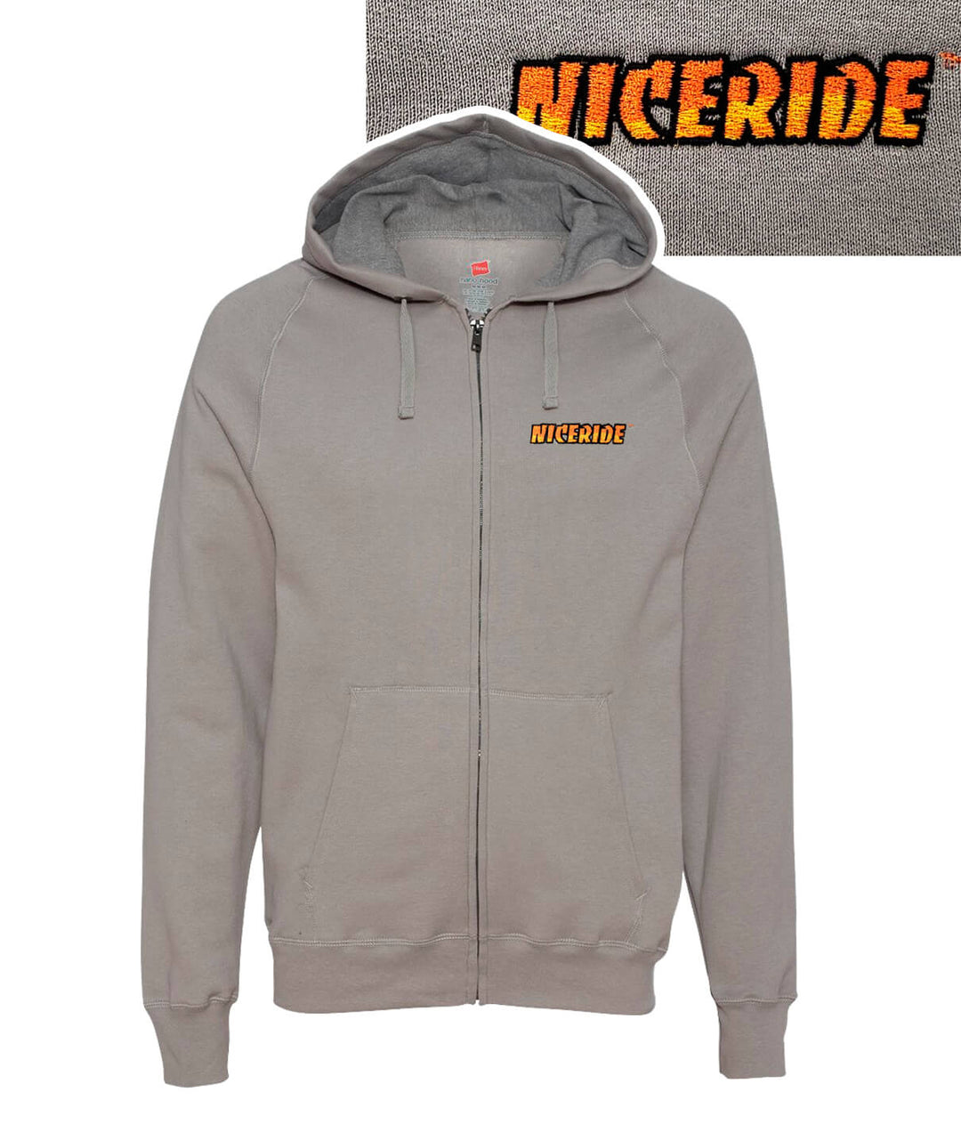 Evening Breeze gray unisex zip up hoodie with NICERIDE embroidered on the front.