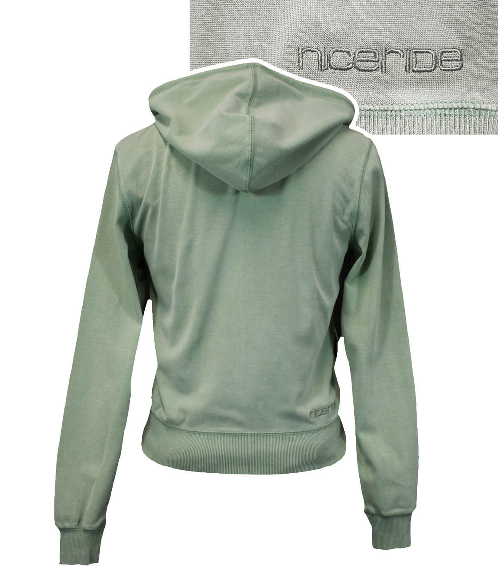 Back view of a green women's hoodie featuring NICERIDE embroidery and a hood.