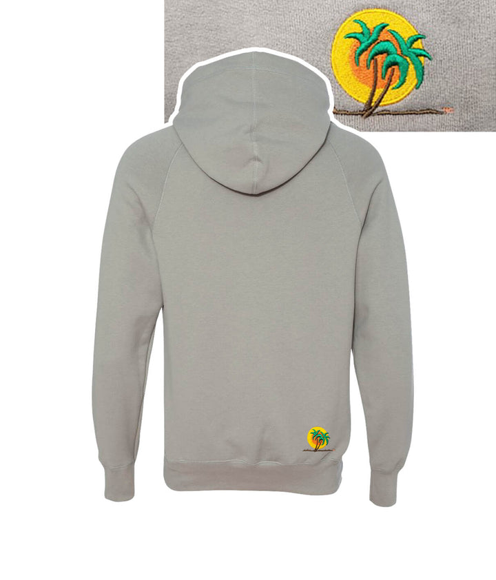 Evening Breeze gray unisex hoodie showing NICERIDE Classic Palm logo embroidered on back right hip.
