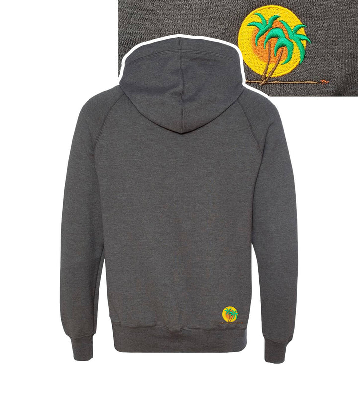 Evening Breeze gray unisex hoodie featuring NICERIDE logo and Classic Palm design on back right hip.