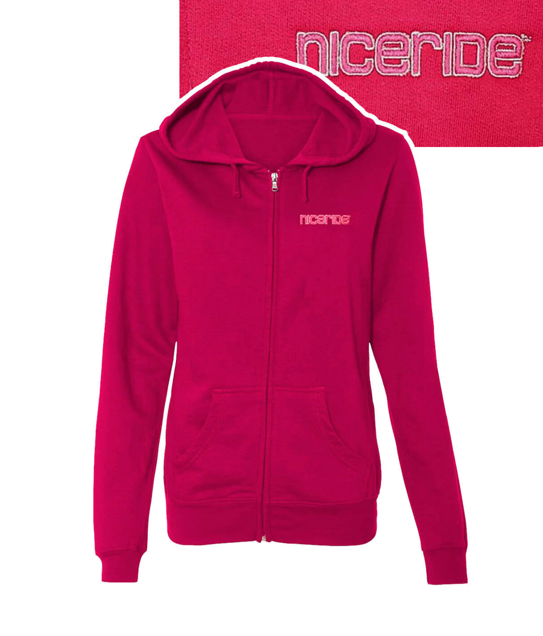 Hillside women's zip hoodie in vibrant pink with NICERIDE embroidery, perfect for staying warm and comfy this winter.