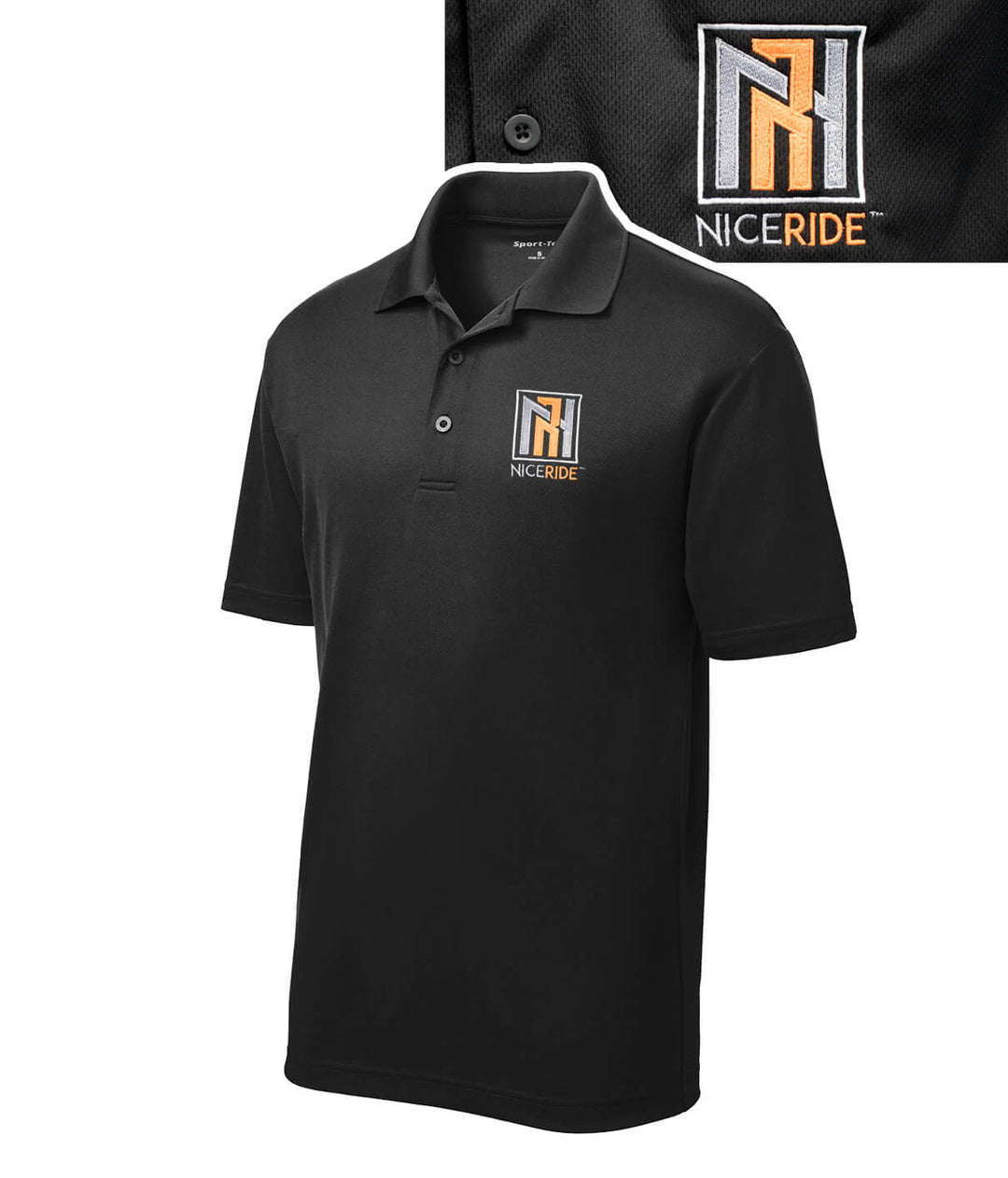N-R - Men's Embroidered Golf Shirt in black with NICERIDE logo on chest and palm logo on yoke.