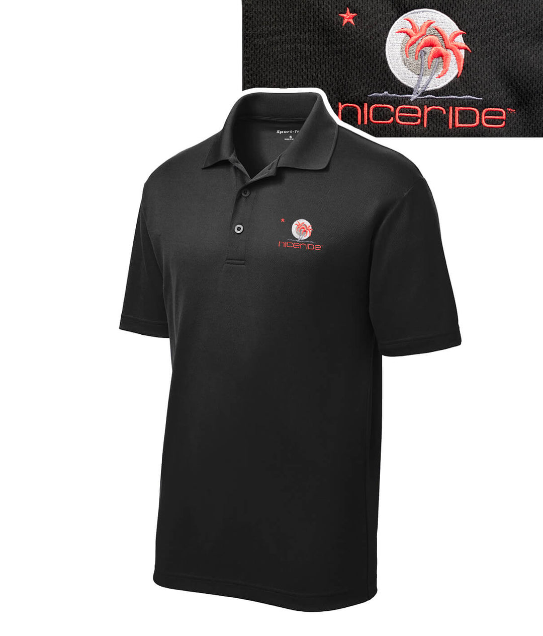 Black NR Republic golf shirt with embroidered logo and palm design for stylish performance on the course.