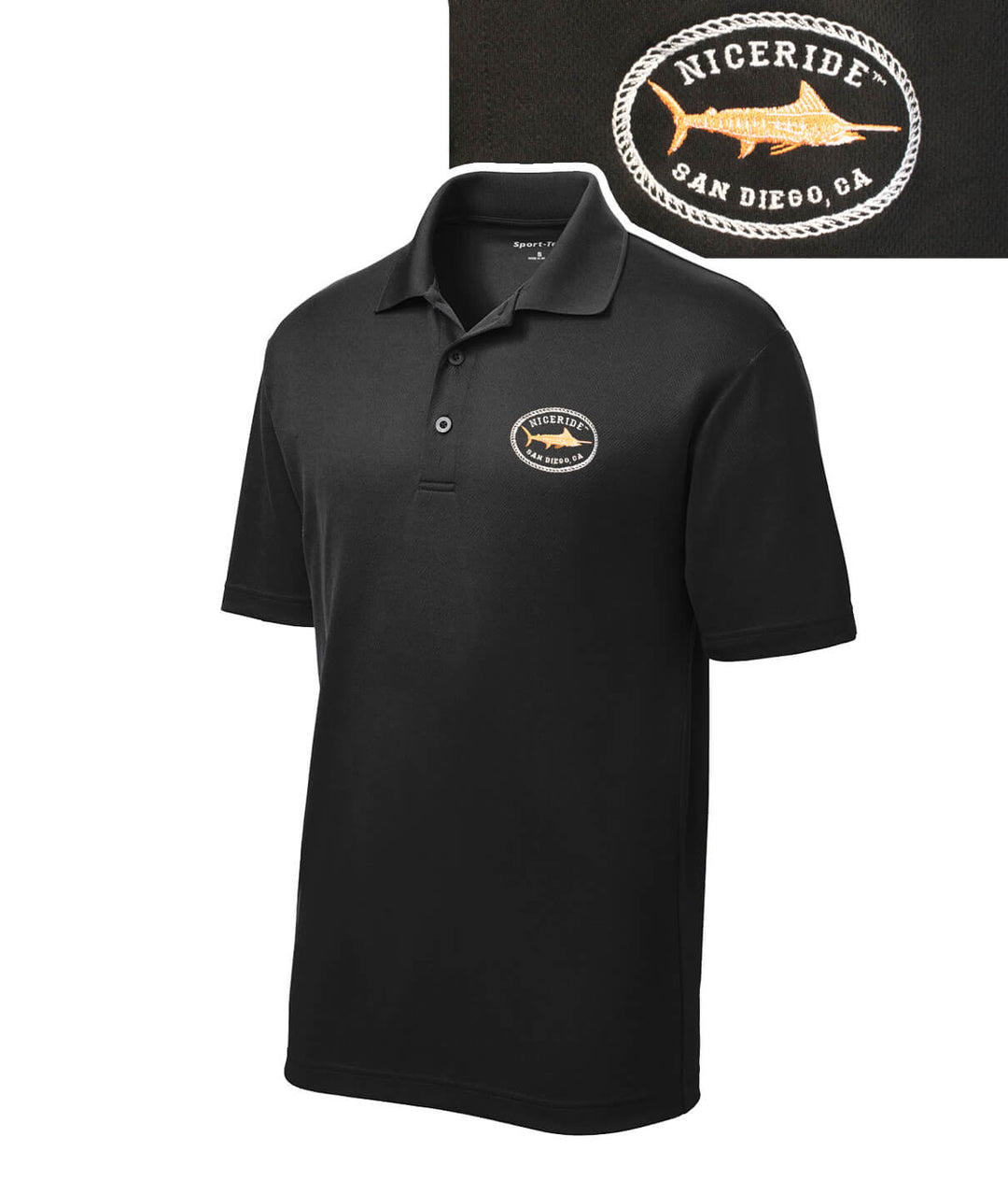 Men's Golf Shirt in black featuring NICERIDE logo, perfect for indoor and outdoor activities.
