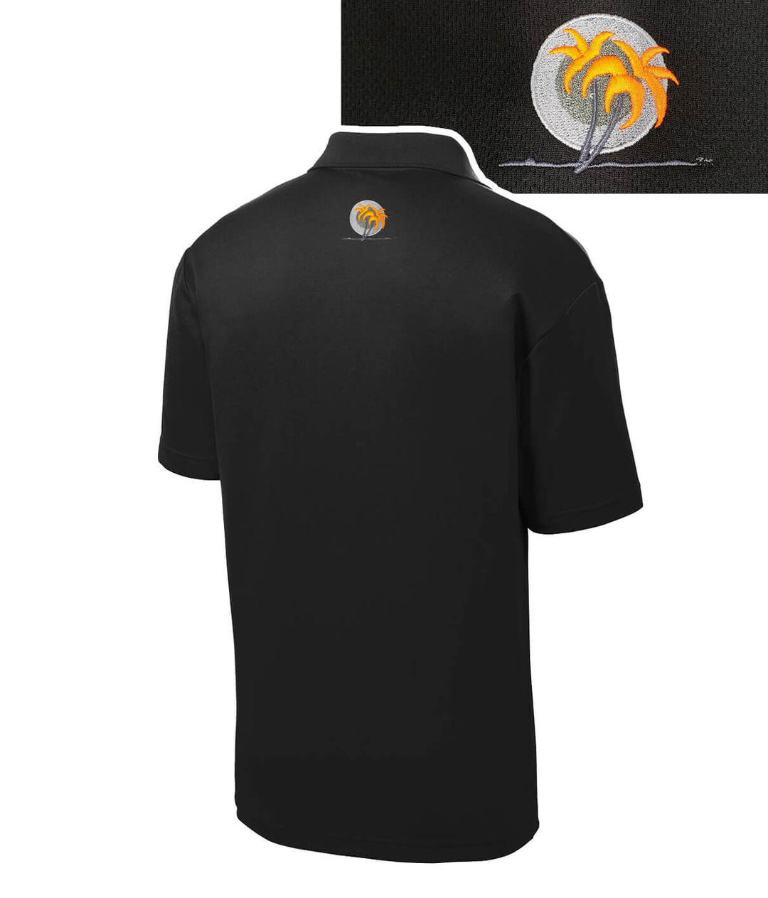 Reeling It In black golf shirt for men featuring embroidered palm logo on the back, perfect for indoor and outdoor activities.