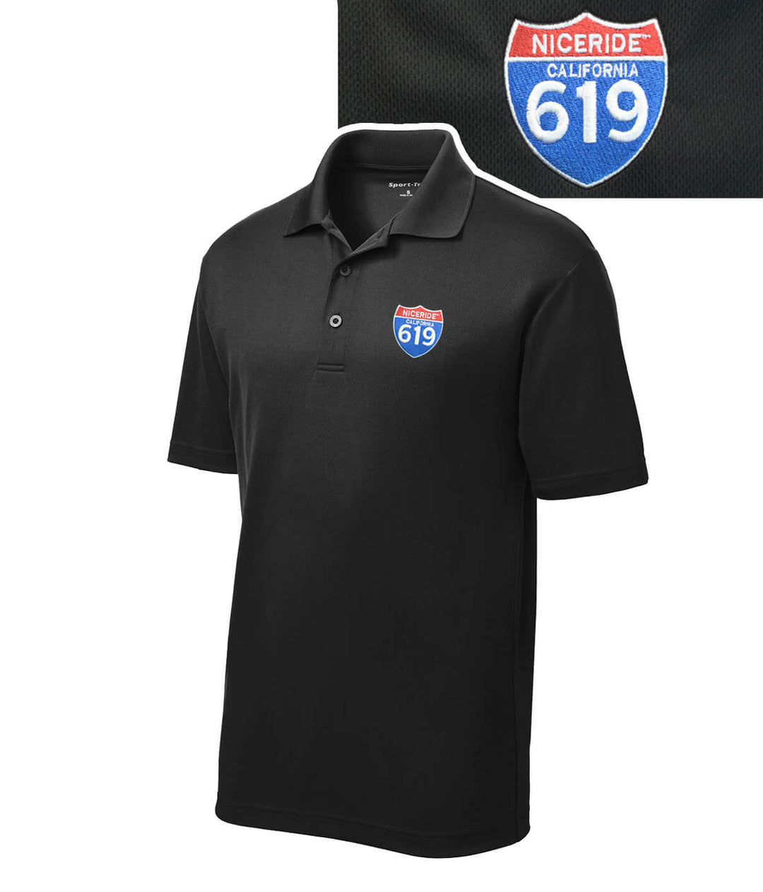 Black Men's Golf Shirt featuring NICERIDE's "Interstate 619" logo embroidered on the chest, perfect for various activities.