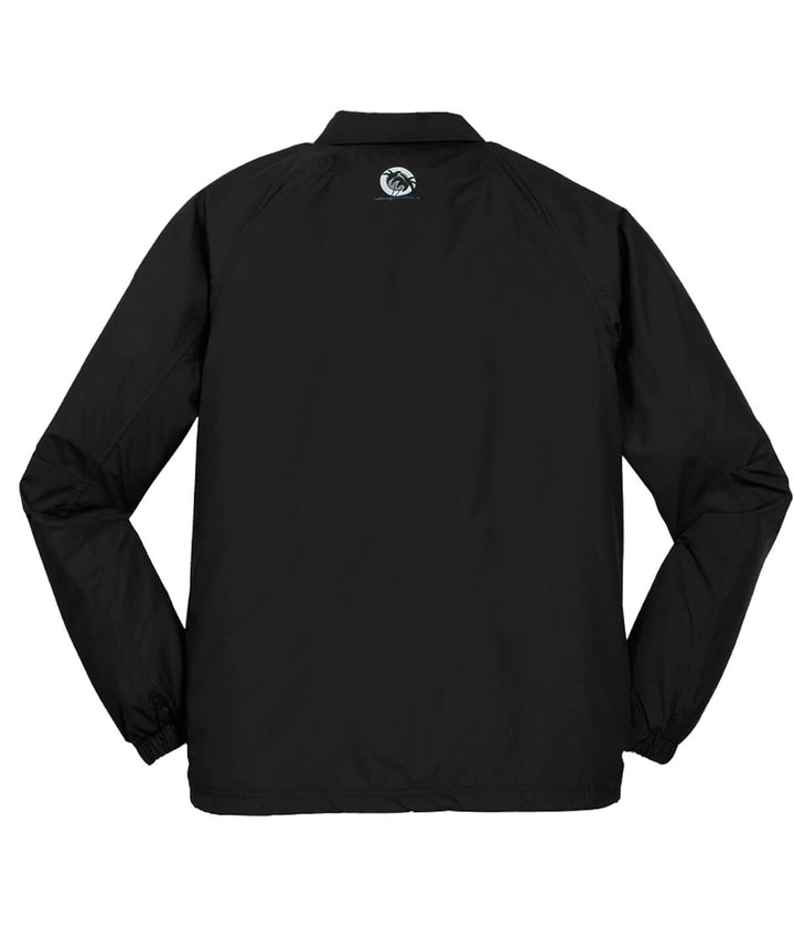 Back view of a black Coach windbreaker jacket featuring embroidered logo on the upper back.