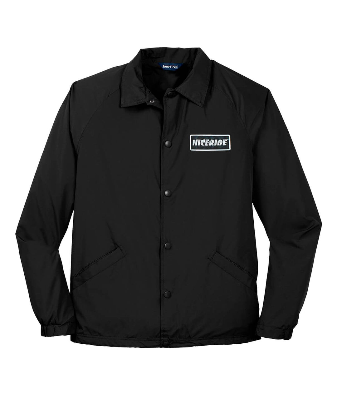 Coach windbreaker jacket featuring NICERIDE logo and snap front closure, perfect for style and breathability.