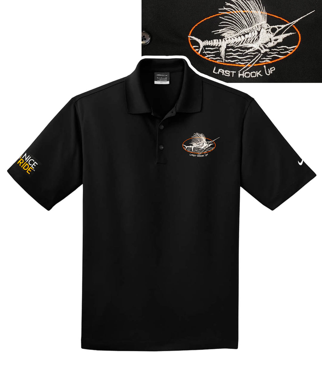 A black Nike polo shirt with a white fish emblem embroidered on it.
