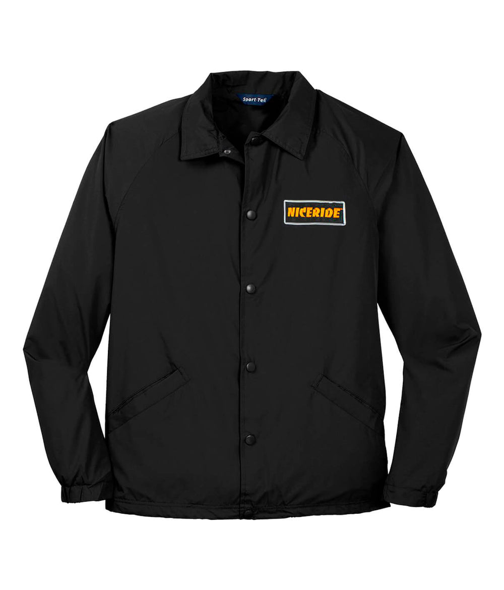 Coach windbreaker jacket in black with NICERIDE logo, featuring snap front closure and front pockets.
