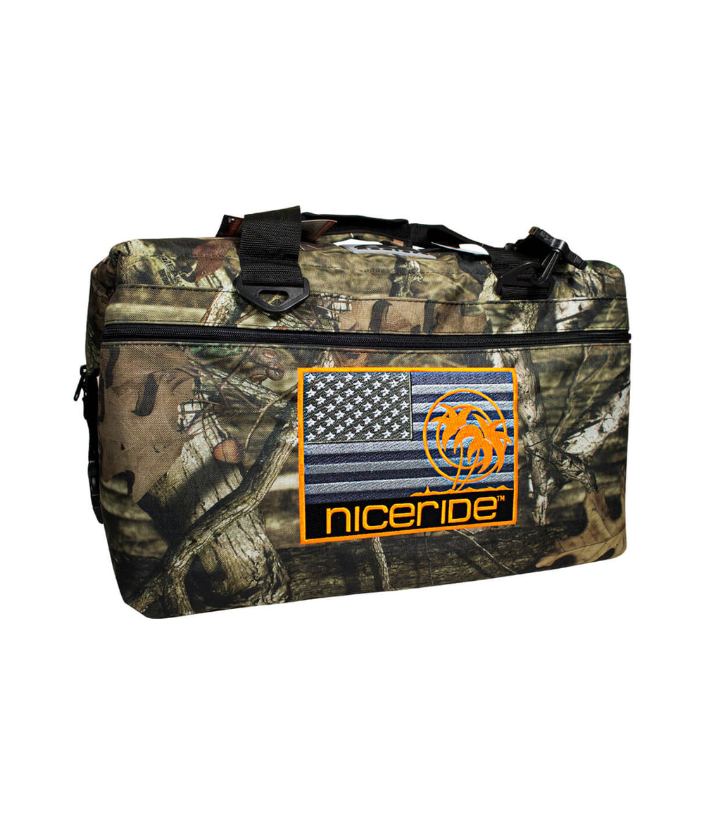 Black vinyl soft sided cooler with NICERIDE logo, designed for 36 cans and ice, perfect for outdoor adventures.