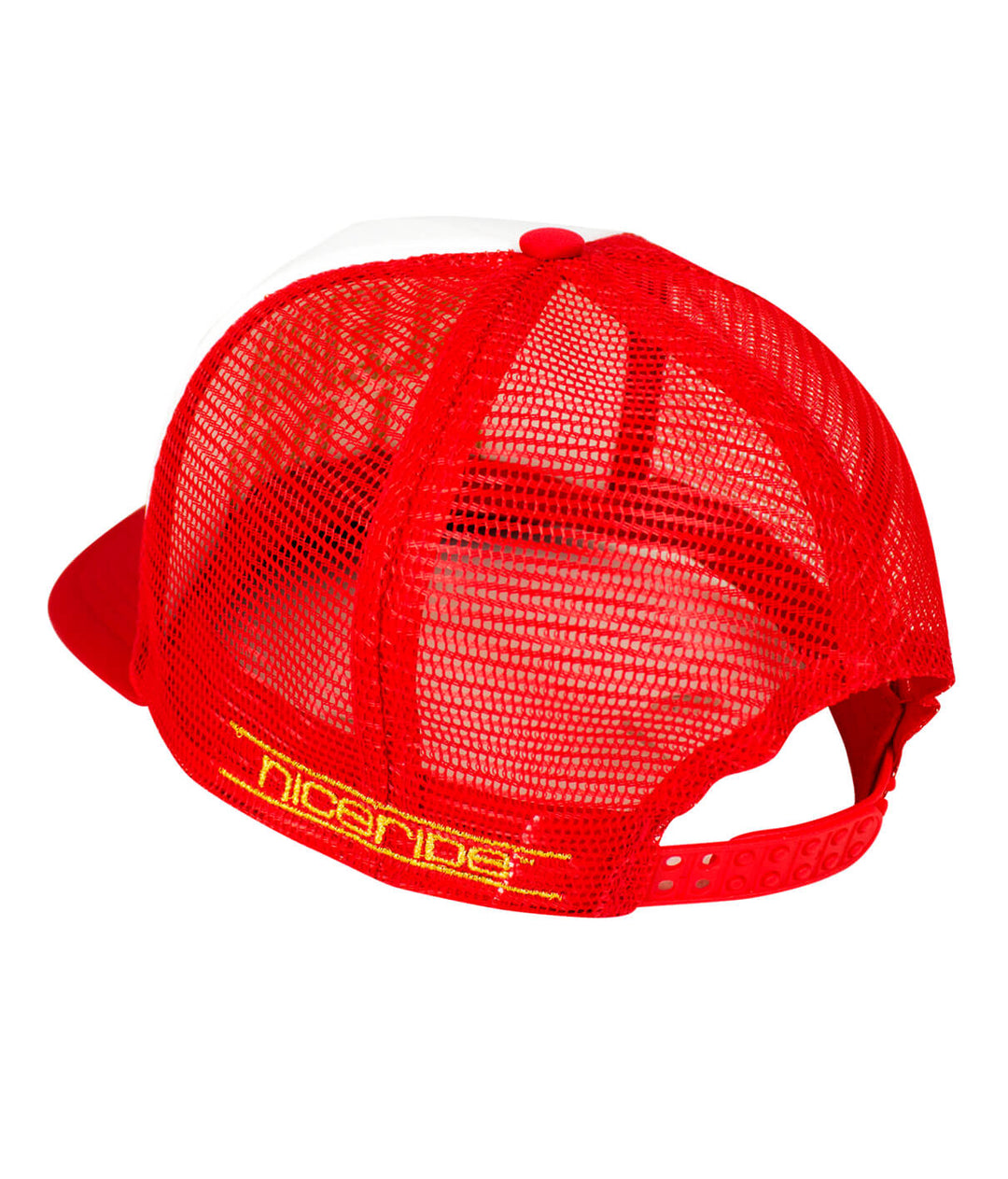 Back view of the "Sleigh All Day" foam trucker holiday hat with NICERIDE embroidery in gold.