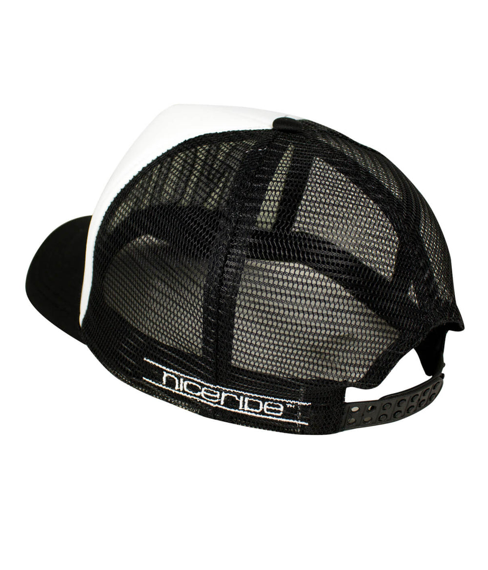 back view of the Nope Foam Trucker Baseball Cap featuring NICERIDE embroidery and mesh panels