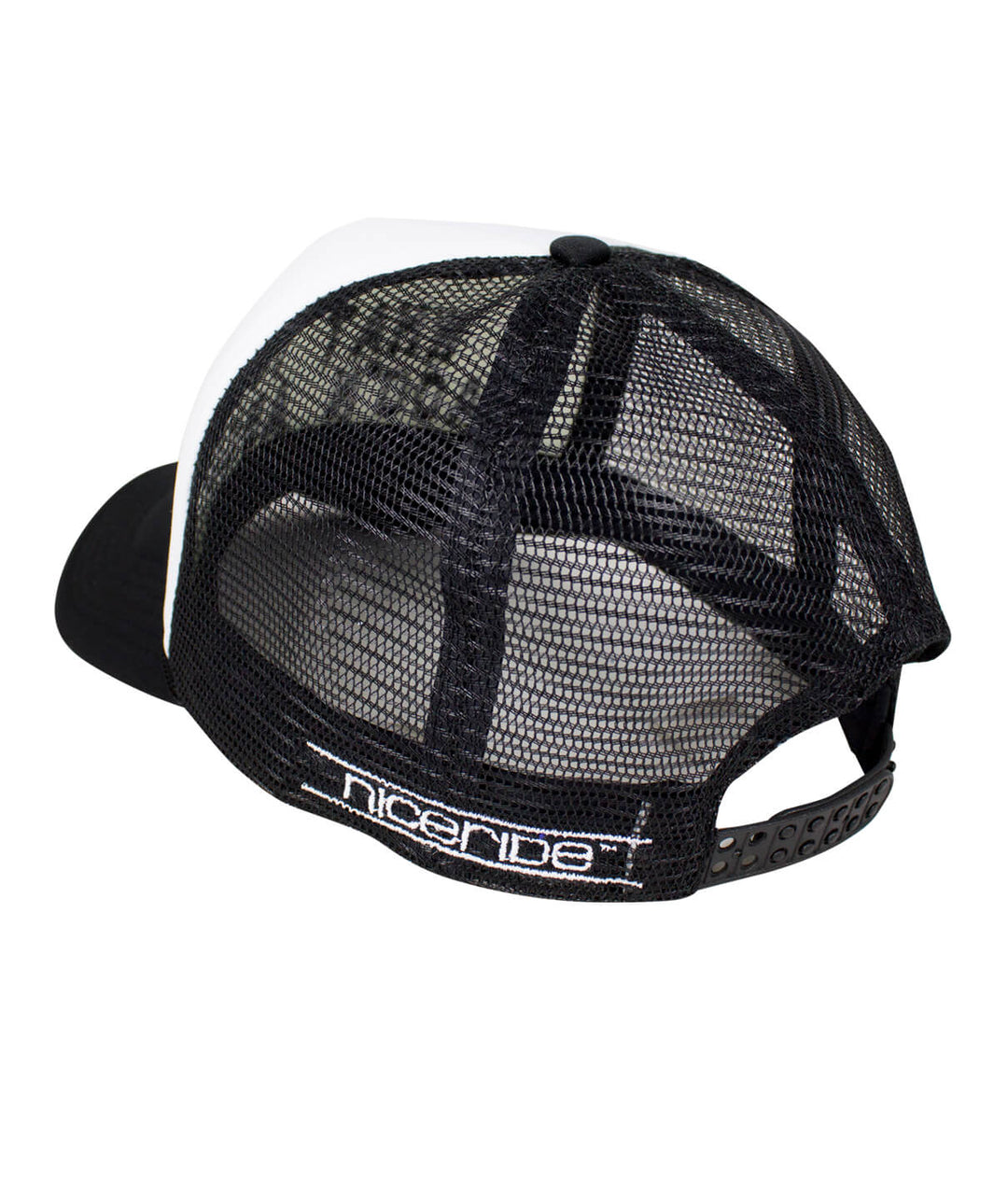 Rear view of foam trucker hat featuring NICERIDE embroidered logo, perfect for stylish hat lovers.