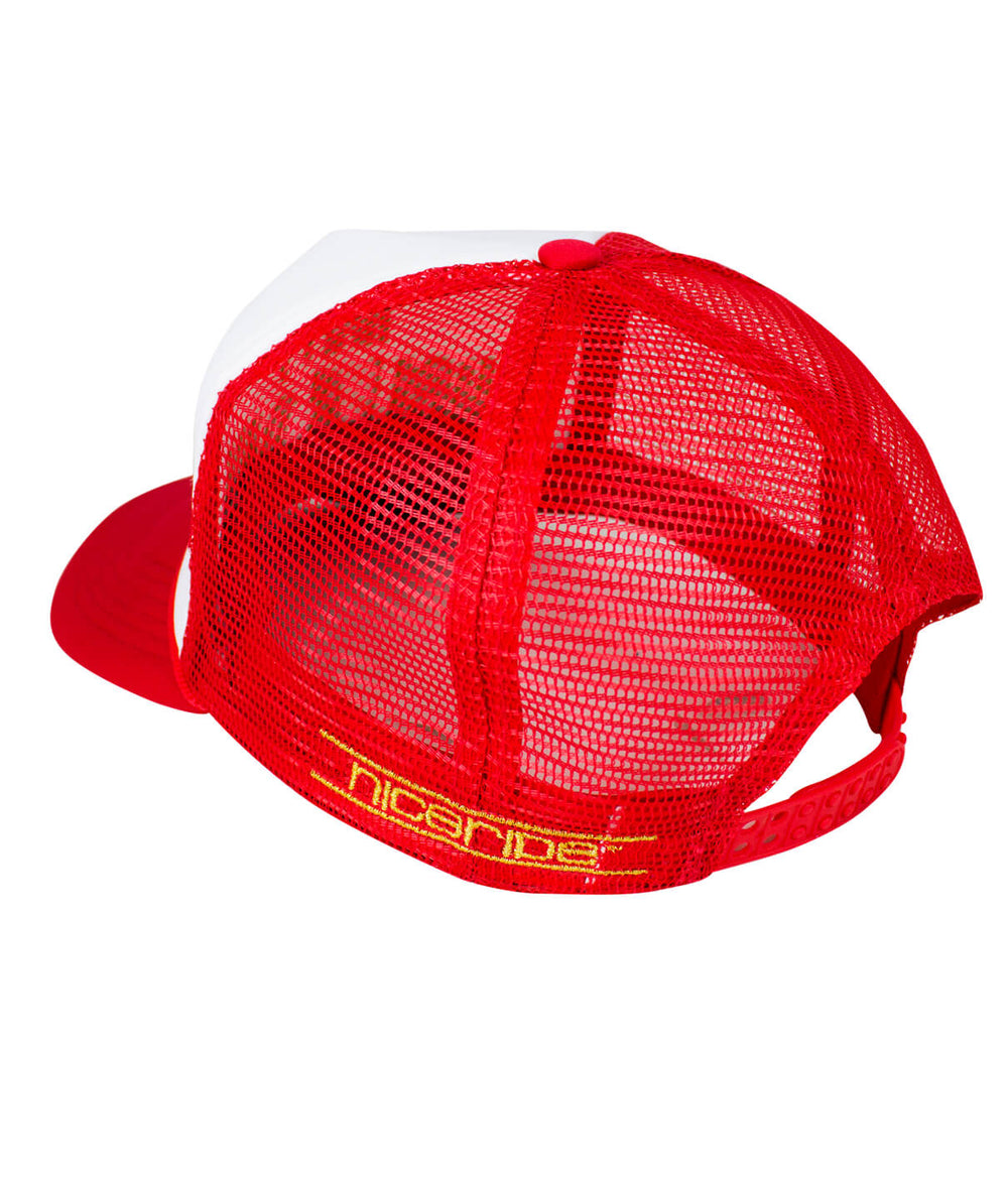 Back view of Happy Holla' Days Foam Trucker Hat showing NICERIDE embroidery and red mesh panel.