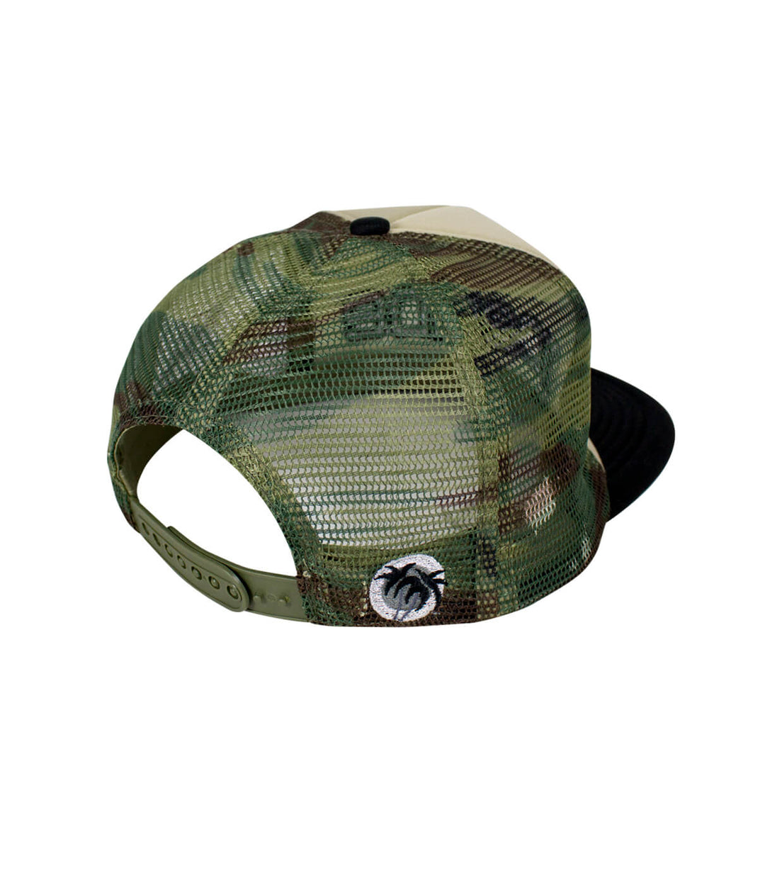 Back view of the Bold Tower camo foam trucker hat with Blacked Out Classic Palm Logo.