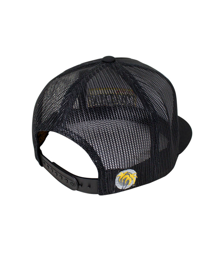 Back view of the Viva Life - LP Trucker Hat featuring a black mesh design and embroidered palm logo.