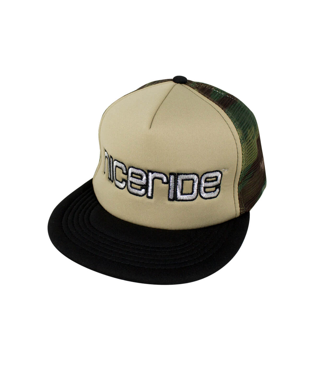 Bold Tower Camo Foam Trucker Hat by NICERIDE, a stylish hat with an embroidered logo.