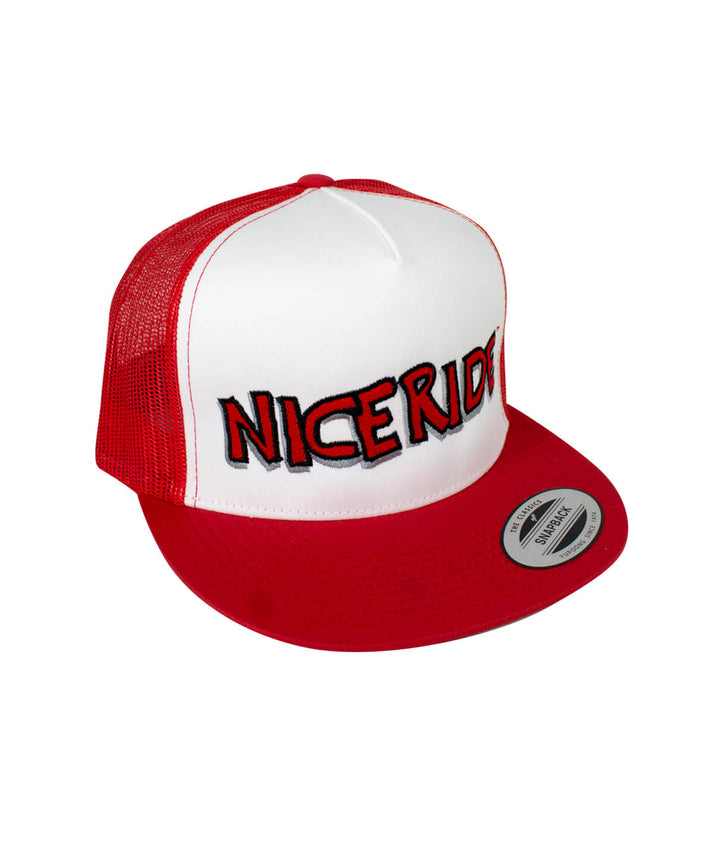 Niceride Bed Rock trucker hat featuring bold embroidered logo on a white and red cap.