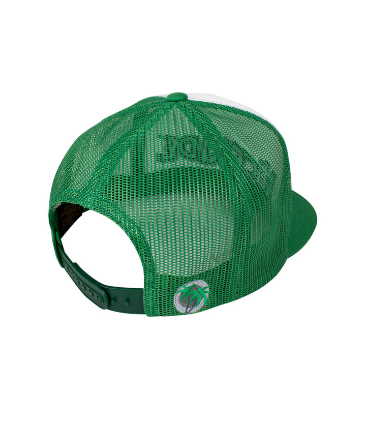 Green mesh back of the "Bed Rock" hat showing embroidered palm logo and snapback closure.