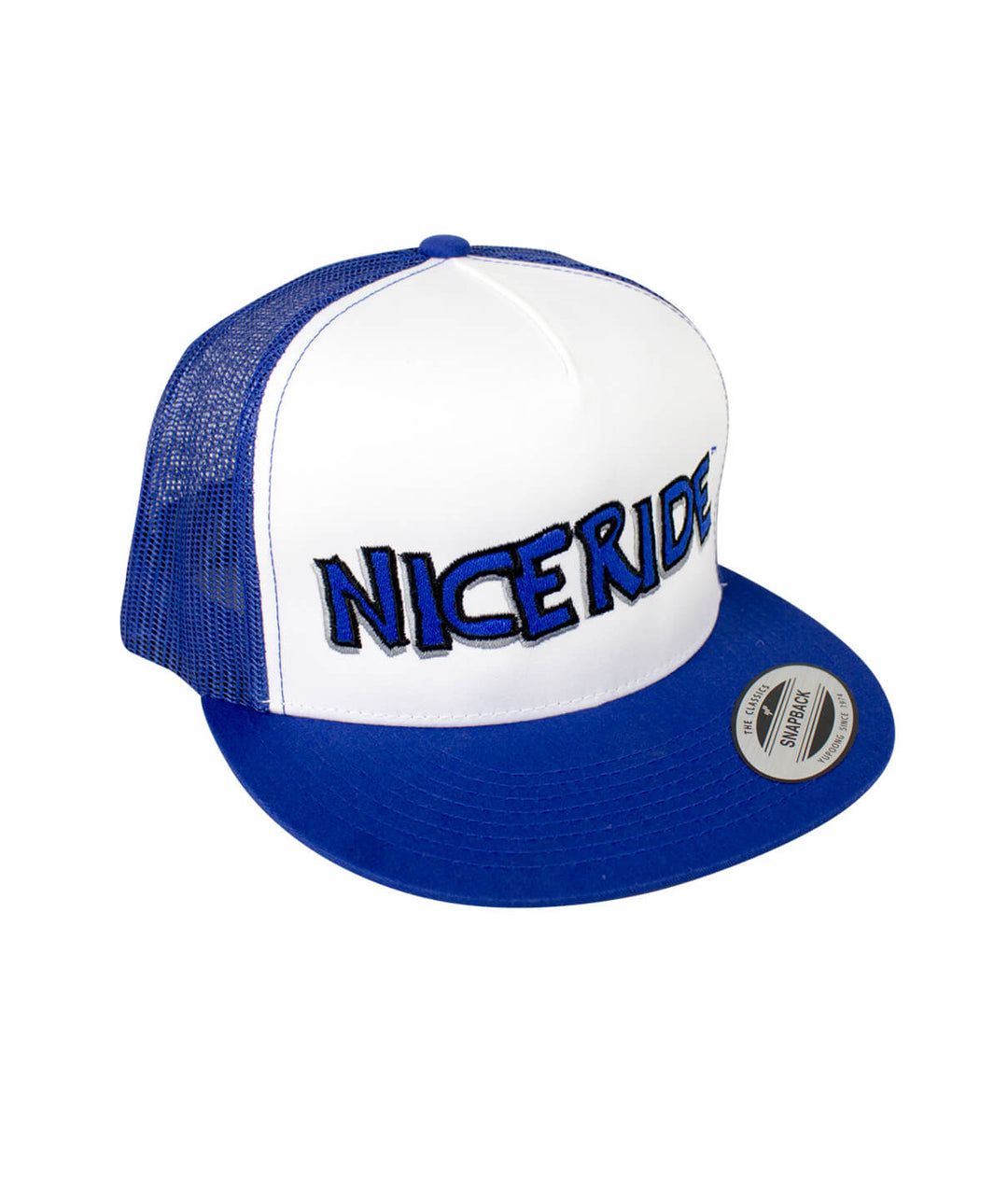 NICERIDE logo embroidered on front of blue and white hat, featuring classic snapback design and mesh back.