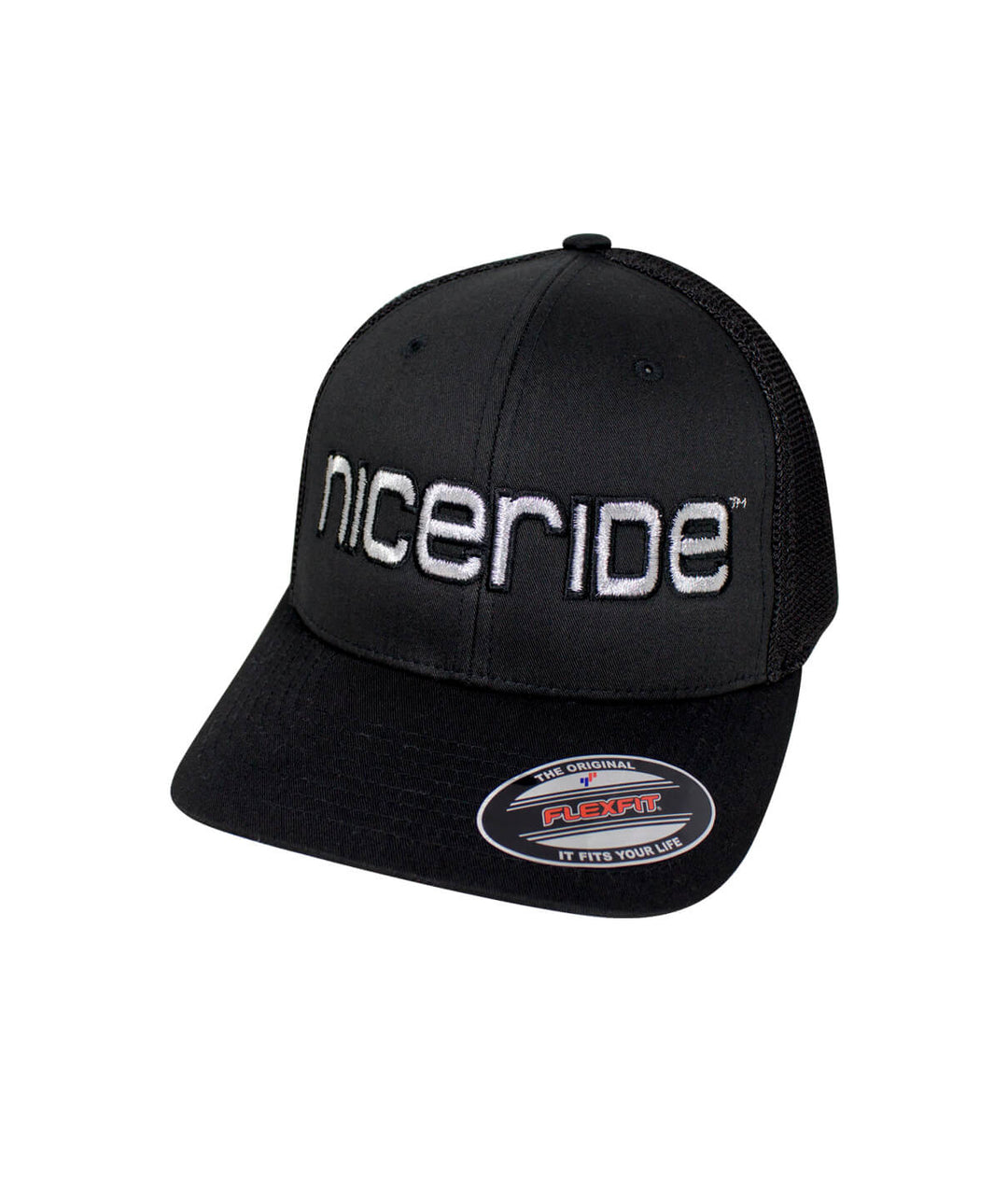 Black meshback flexfit hat featuring NICERIDE logo, perfect for stylish headwear lovers.
