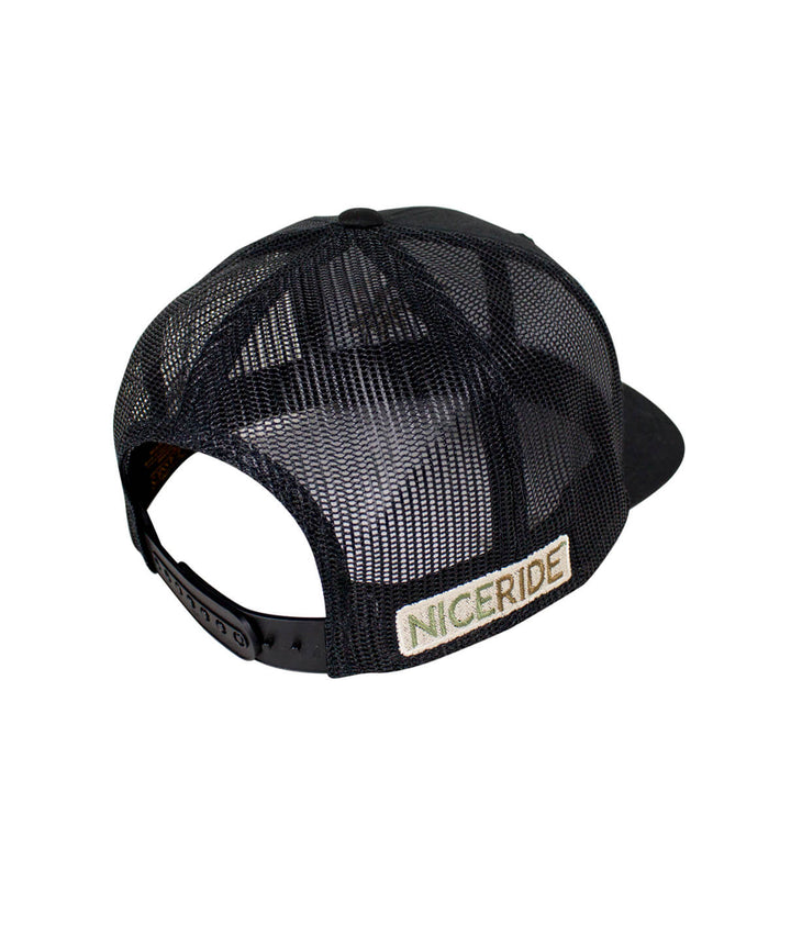 Classic Palm Camo Retro Trucker Hat with NICERIDE embroidered on the back side.