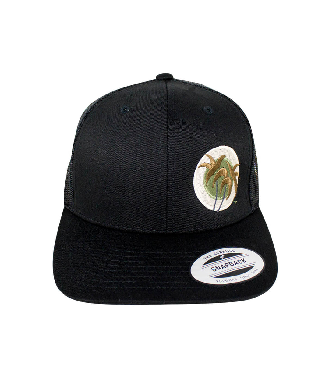 Classic Palm Camo Retro Trucker Hat featuring embroidered logo, ideal stylish hat for casual wear.