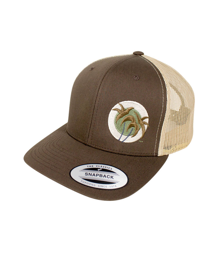 Classic Palm Camo Retro Trucker Hat with embroidered palm logo and mesh back