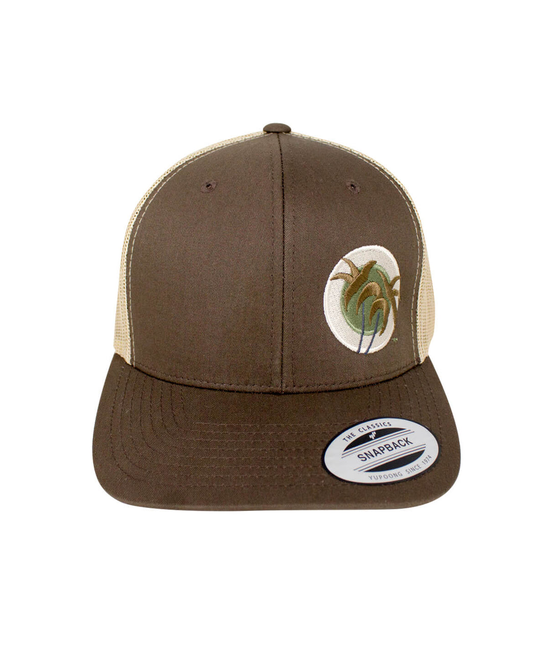Classic Palm Camo hat with palm tree logo, brown and green accents, stylish Retro Trucker design.