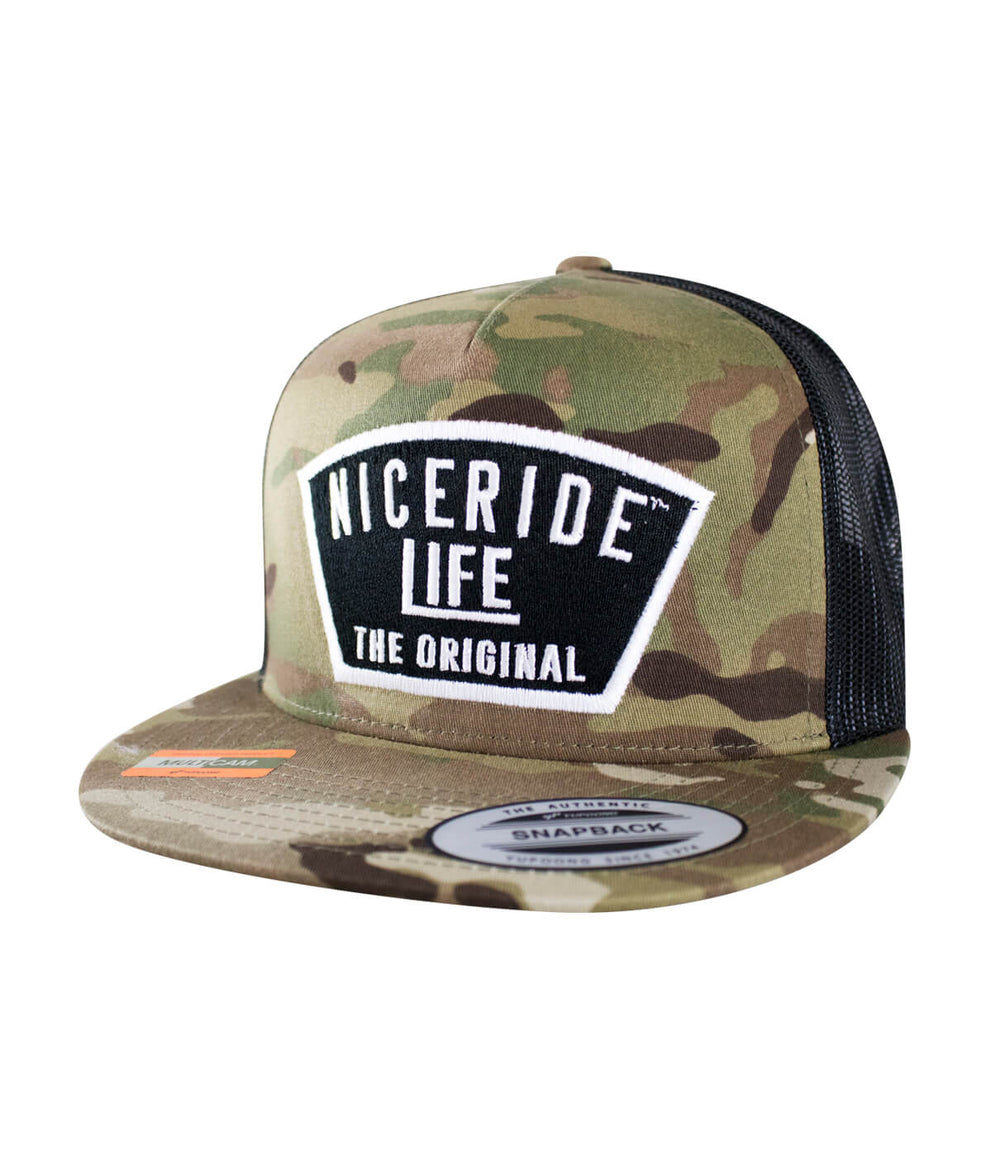 NICERIDE Life Original camo snapback trucker hat with embroidered logo, stylish and durable headwear.