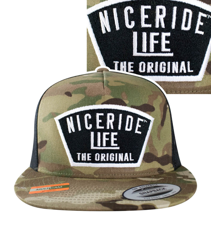 NICERIDE Life original camo snapback trucker hat with embroidered logo.