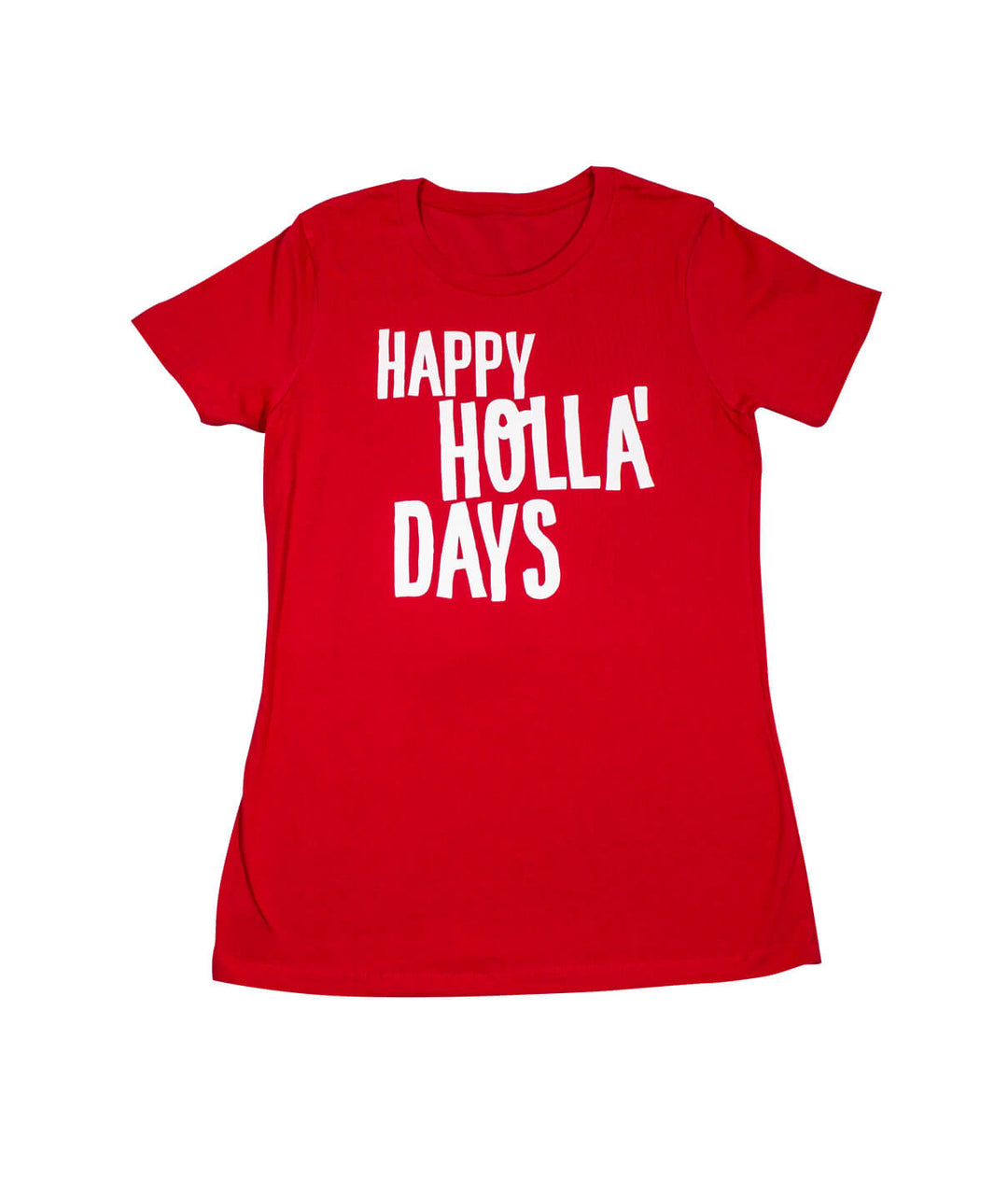 Happy Holla' Days red shirt for women, perfect holiday-themed crew neck tee.