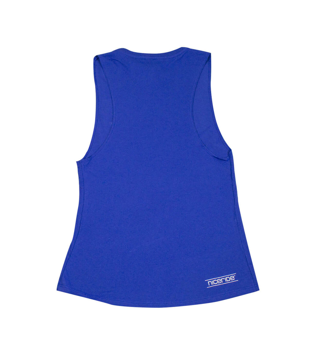 Back view of NOPE Blue District Apparel Women's Muscle Tank Top with NICERIDE logo on the back, perfect tank top for activities.