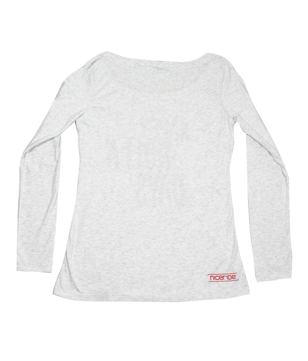 Happy Holla' Days shirt - Women's holiday themed long sleeve shirt, soft gray fabric, NICERIDE logo on the hem.