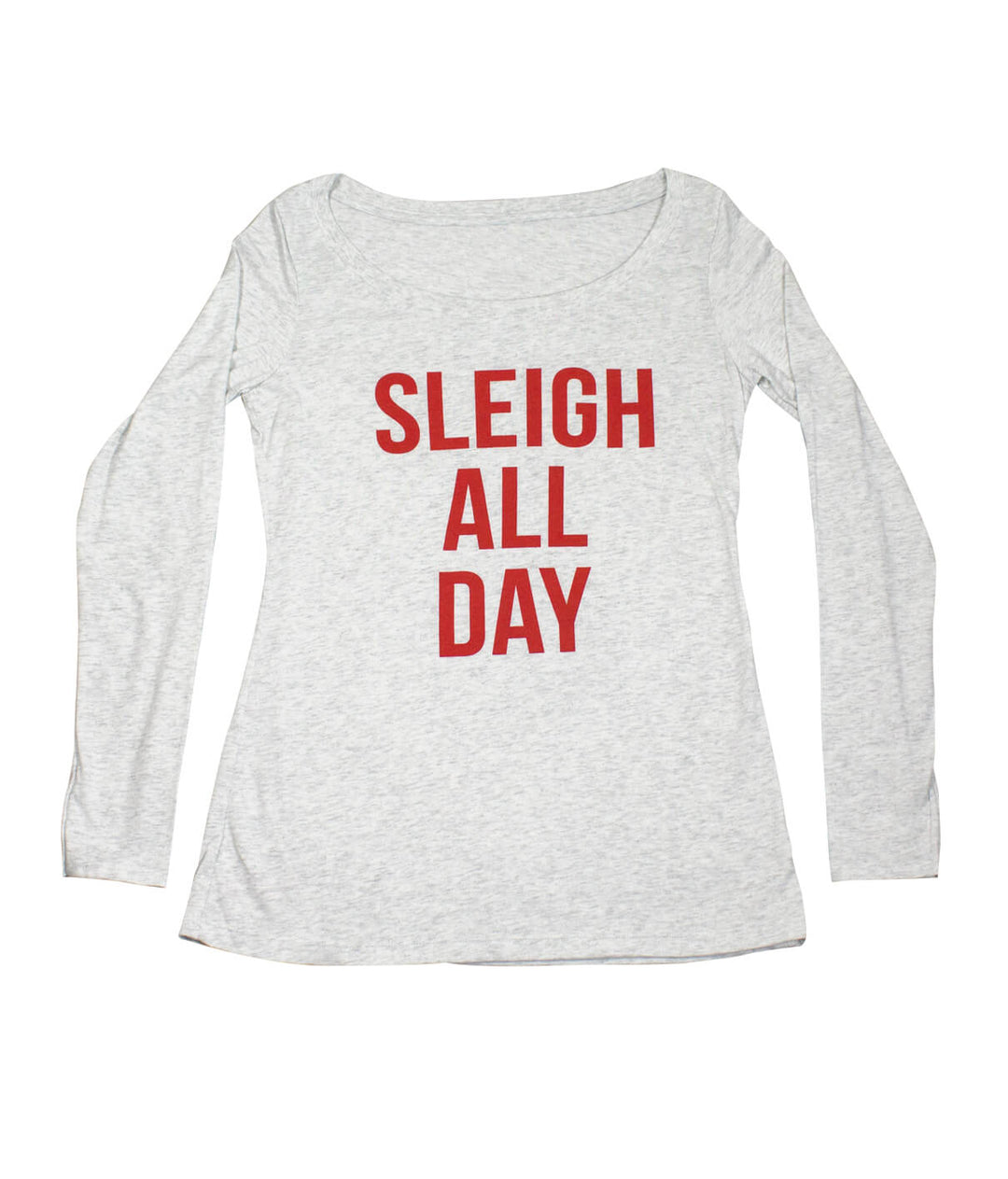 Sleigh All Day long sleeve shirt with scoop neck, soft gray fabric and red print for comfort and style.