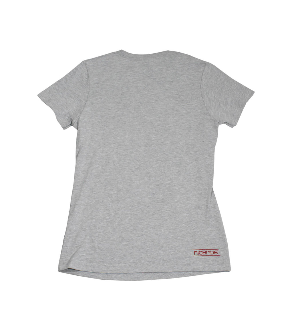 Back view of a gray shirt featuring NICERIDE's logo on the bottom right hip, perfect for casual wear.