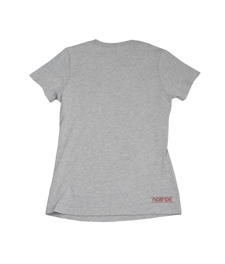 Back view of a gray shirt featuring NICERIDE&