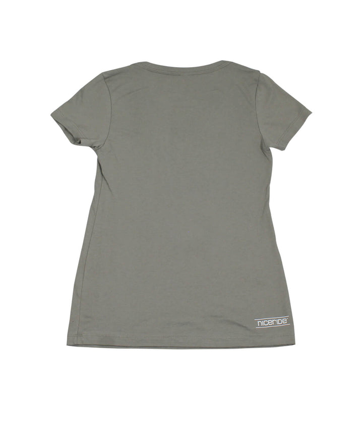 Back view of a Next Level V-Neck shirt in olive green with NICERIDE&