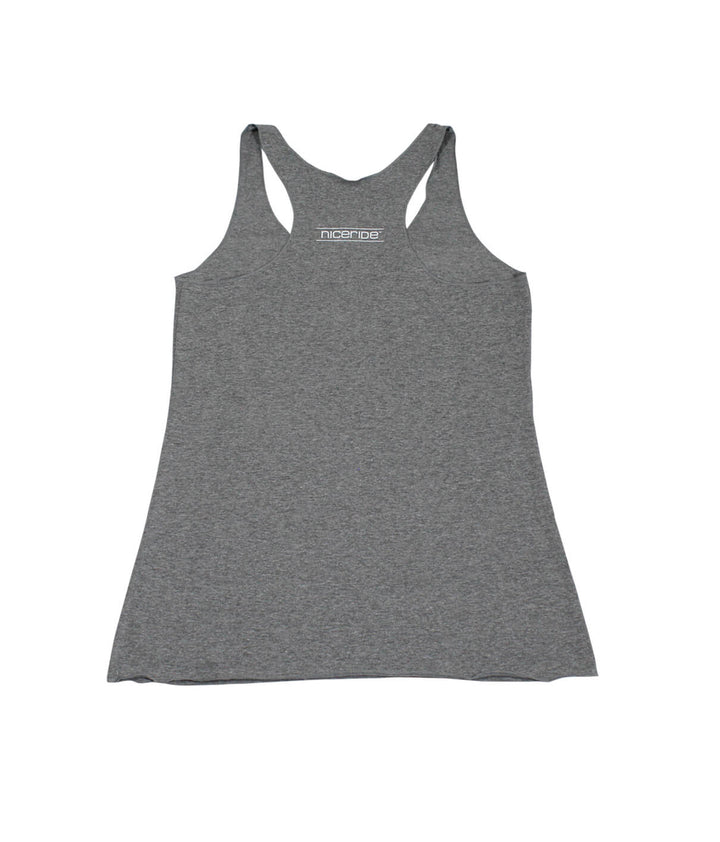 Gray Next Level tank top with racerback design, featuring a soft vintage look and NICERIDE logo.