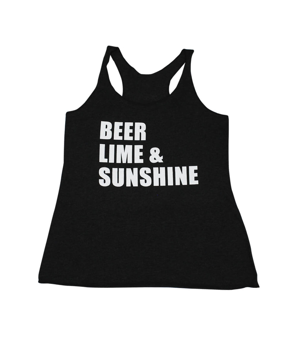 Beer, Lime & Sunshine Next Level women's vintage style tank top in black with white lettering.