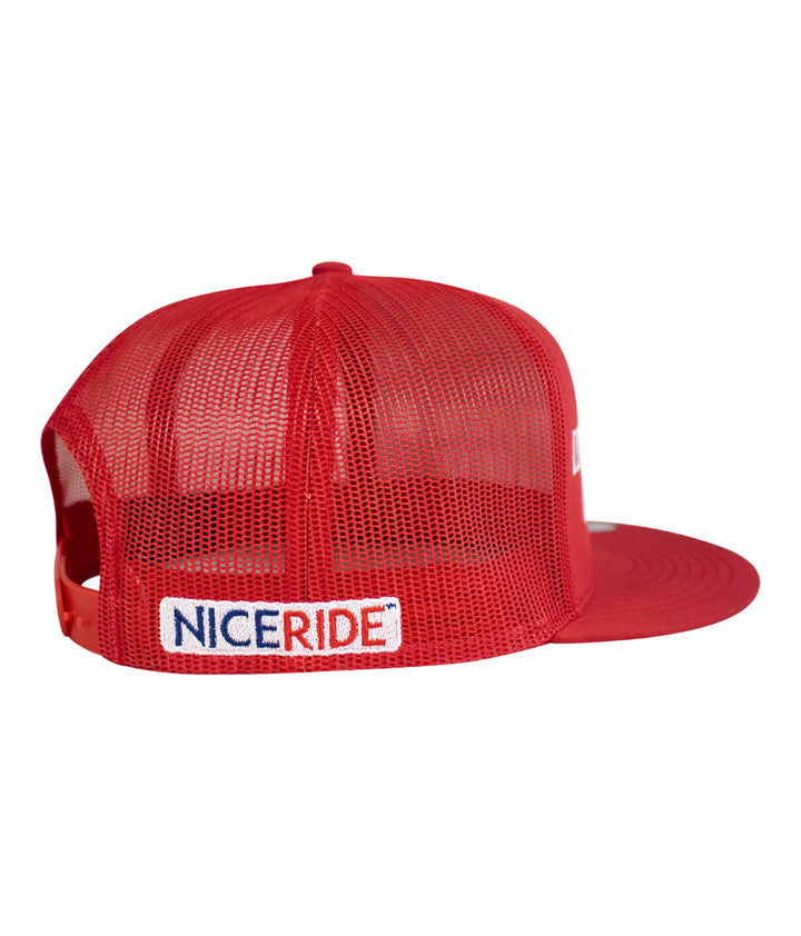 Red meshback trucker baseball hat featuring NICERIDE logo, designed for comfort and style.