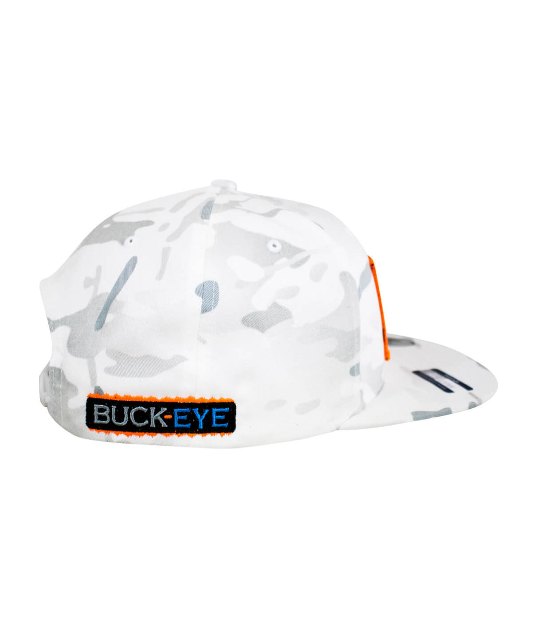 Buck-Eye Patch unisex flatbill white snapback hat, showcasing embroidered design, perfect for outdoor activities.