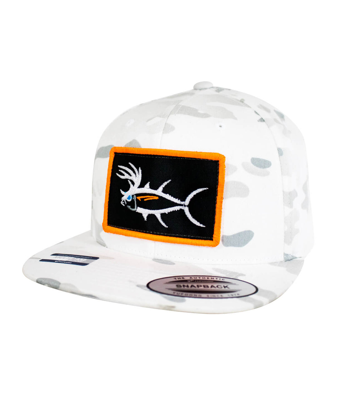 Buck-Eye Patch unisex flatbill white snapback hat with embroidered design for fishing and outdoor activities.