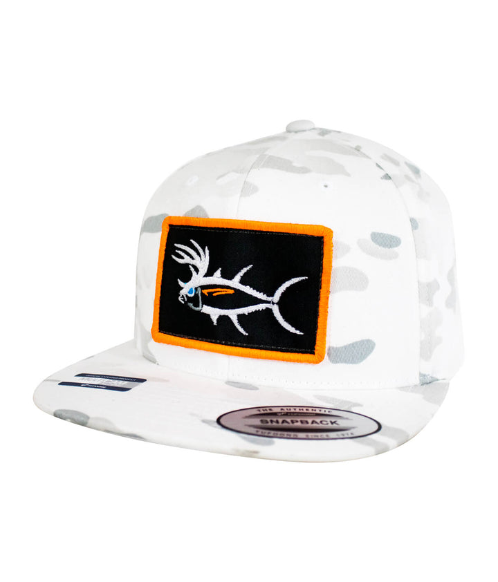 Buck-Eye Patch unisex flatbill white snapback hat with embroidered design for fishing and outdoor activities.