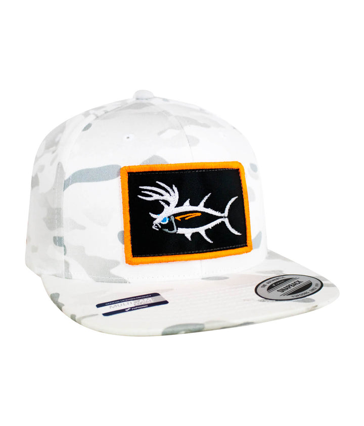 Buck-Eye Patch Unisex Flatbill White Snapback Hat featuring embroidered design, perfect fishing hat for all activities.