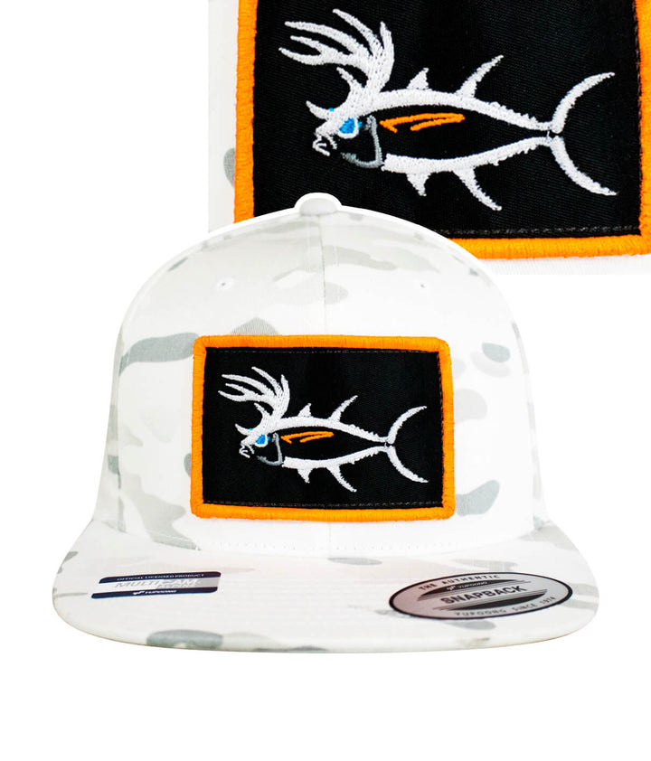 Buck-Eye Patch hat featuring a fish design on a white camo snapback, perfect for fishing and outdoor activities.